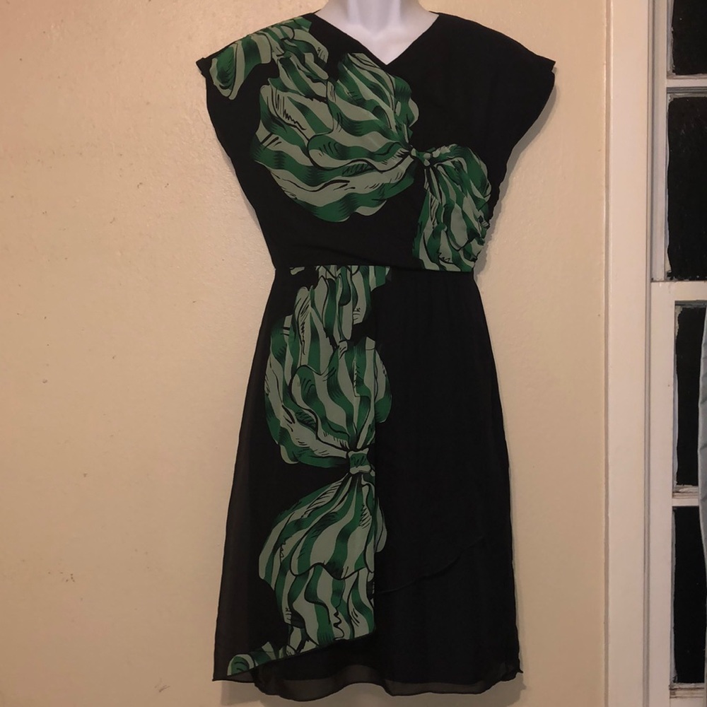 Anna Sui Black Green Bow Silk lined Dress Size 2